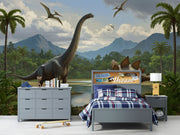 Realistic dinosaur wall mural featuring a Brachiosaurus, Stegosaurus, lush jungle landscape, towering palm trees, and flying pterosaurs in a prehistoric setting.