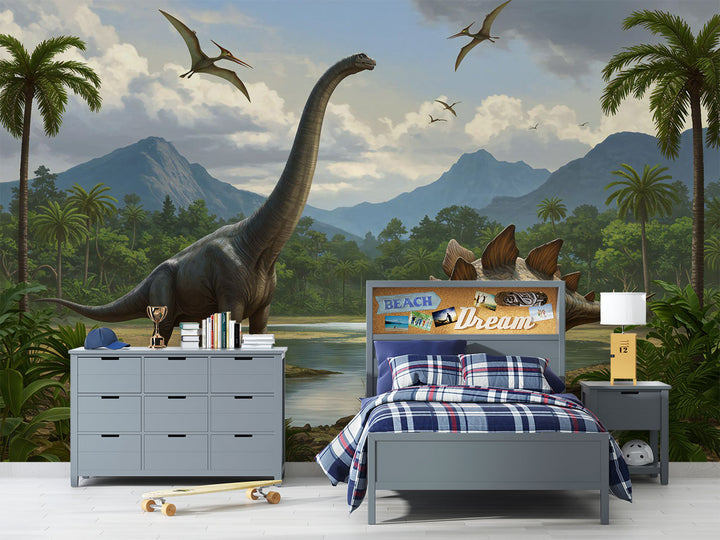 Realistic dinosaur wall mural featuring a Brachiosaurus, Stegosaurus, lush jungle landscape, towering palm trees, and flying pterosaurs in a prehistoric setting.