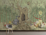 Enchanted forest treehouse wall mural featuring a whimsical woodland scene with rustic furniture, cozy decor, and fairy tale charm, perfect for a kids' room.
