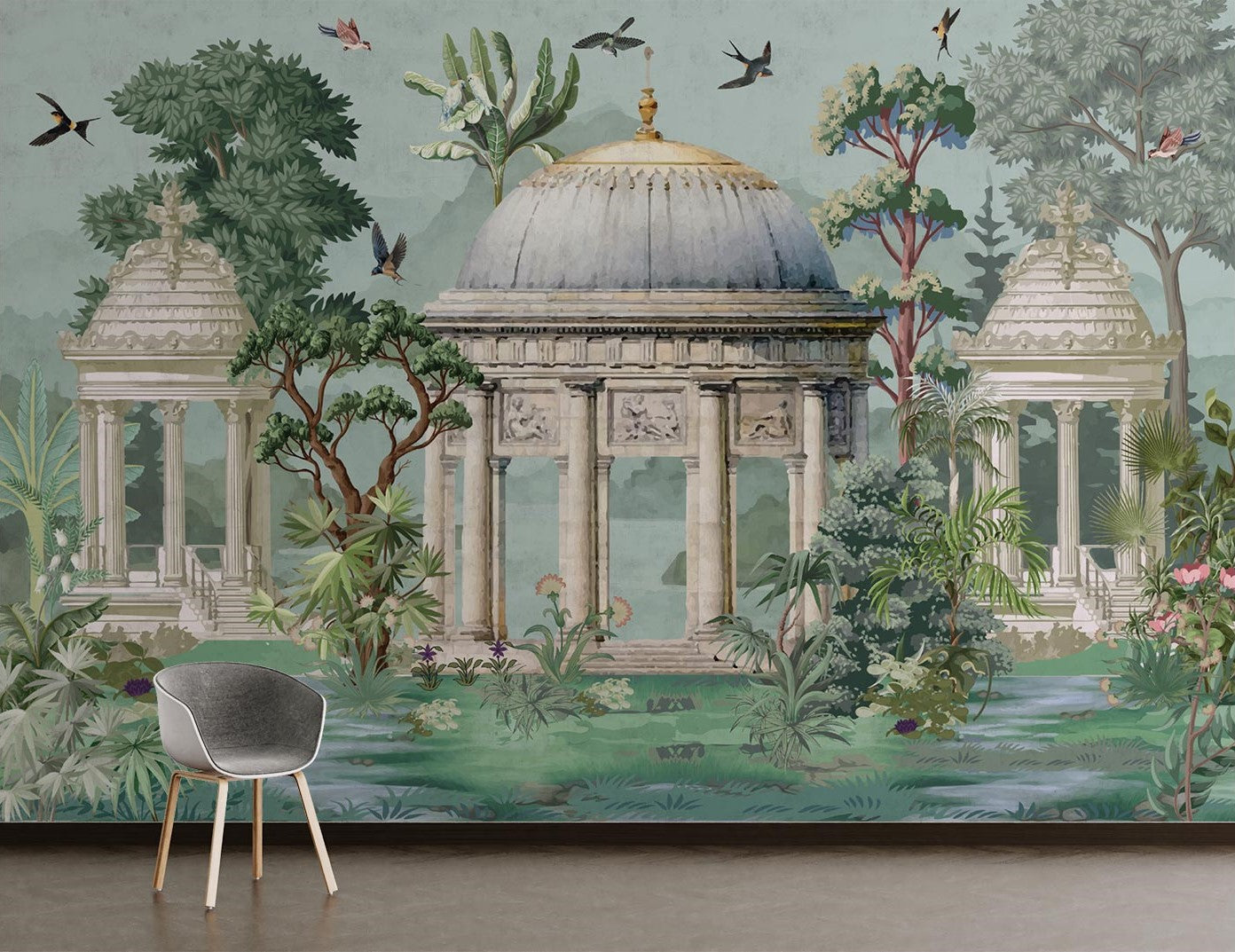 Grand architectural wall mural featuring classical domes, ornate columns, and lush botanical greenery, styled in an elegant modern interior.