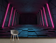 Futuristic Neon Tunnel Wall Mural – 3D Cyberpunk-Inspired Wallpaper with Pink Neon Lights, Geometric Paneling, and Sci-Fi Aesthetic for Gaming and Modern Interiors.