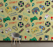 Wallpaper with retro gaming console and controller designs on a yellow background.