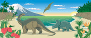 Dinosaur wall mural featuring a scenic beach with a Brachiosaurus, Triceratops, ocean waves, and a soaring Pteranodon at sunset.