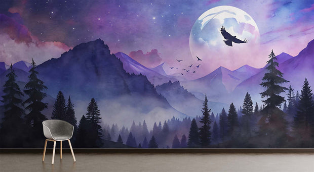 Mystical Moonlit Mountain Wall Mural – Celestial Landscape Wallpaper with a Glowing Full Moon, Birds in Flight, and Twilight Mountain Peaks in Dreamy Purple and Blue Tones.