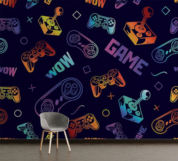 Colorful gaming controller and 'WOW' pattern on a dark blue wall with a chair in front.
