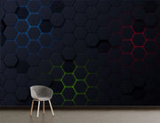 Futuristic Hexagonal Grid Wall Mural – 3D LED-Inspired Honeycomb Wallpaper with RGB Lighting Effects in Blue, Green, and Red for Gaming and Modern Interiors.