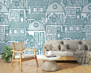 Sketch house wall mural featuring hand-drawn village-style houses with rooftops and windows, creating a cozy and artistic room atmosphere.