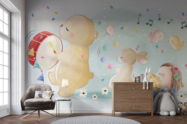 Illustrated woodland animal wall mural featuring a bear playing a drum, a bunny with marbles, a hedgehog with lights, and a mouse with maracas, surrounded by music notes and confetti – perfect for nurseries and kids’ rooms.