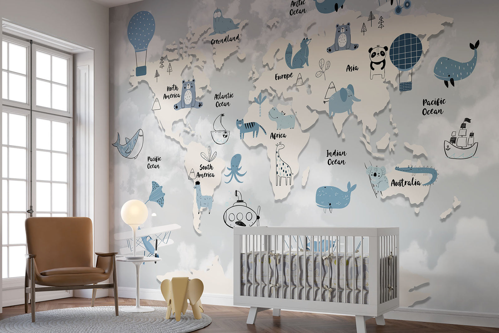 Children’s world map wall mural with cute animals, ocean creatures, and pastel sky background – perfect for kid's rooms and nurseries.