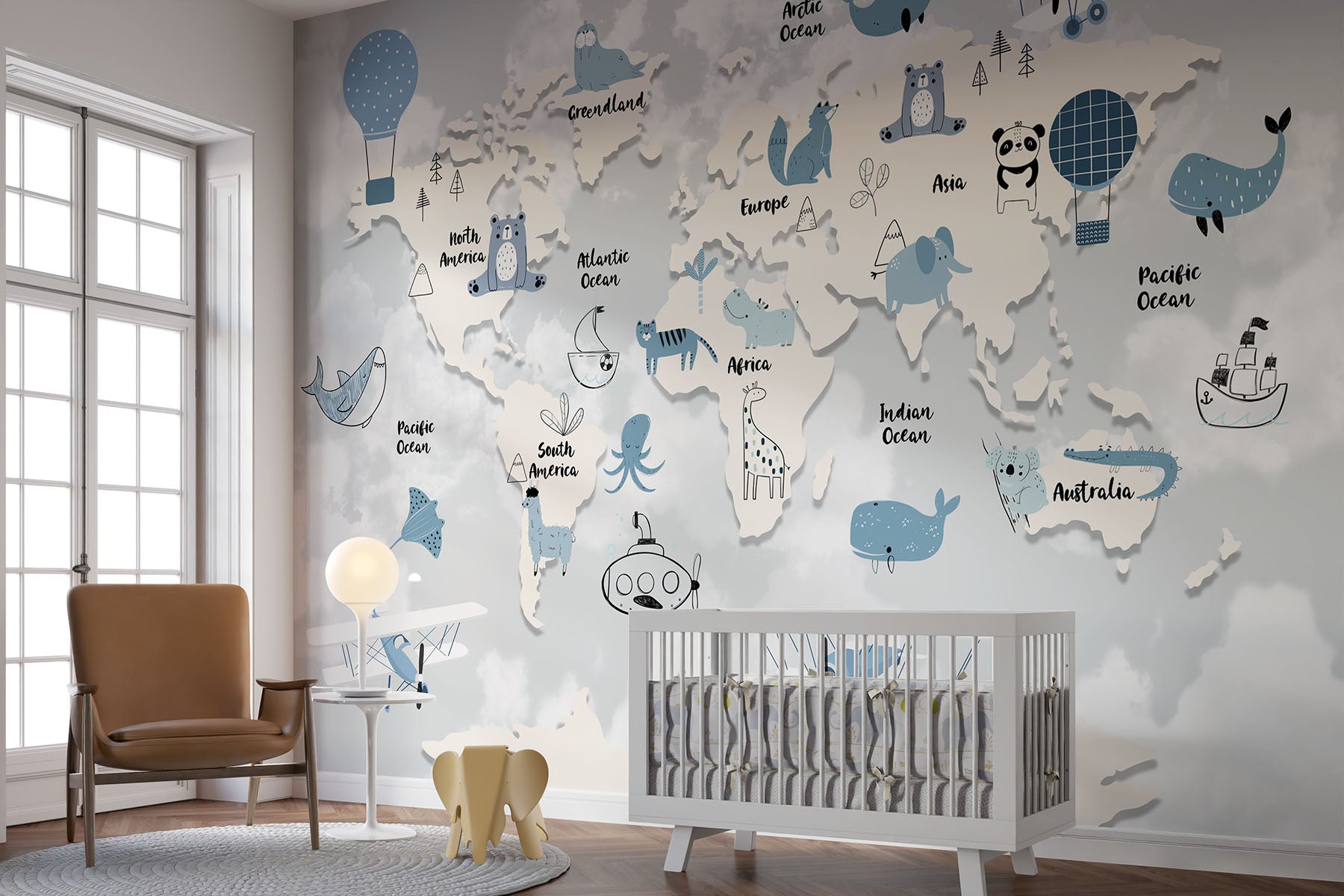 Children’s world map wall mural with cute animals, ocean creatures, and pastel sky background – perfect for kid's rooms and nurseries.