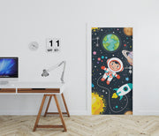 Space-themed door mural featuring a cute astronaut, rocket ship, planets, and stars – perfect for kids' bedrooms and playrooms.