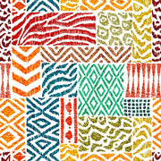 Colorful tribal pattern wall mural with teal, orange, and green geometric designs.