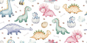 Watercolor dinosaur wall mural featuring pastel-colored dinos, dino eggs, and footprints for a fun nursery or kids' room.