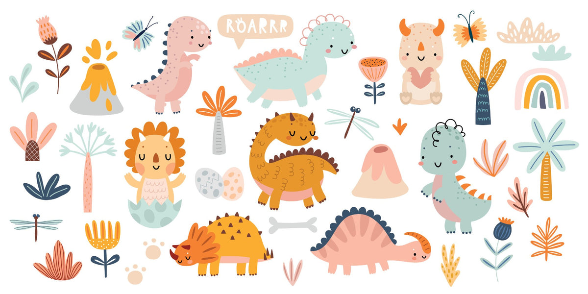 Cute pastel dinosaur mural featuring friendly dino characters, volcanoes, and nature elements for a fun and modern kids' room.