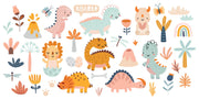 Cute pastel dinosaur mural featuring friendly dino characters, volcanoes, and nature elements for a fun and modern kids' room.