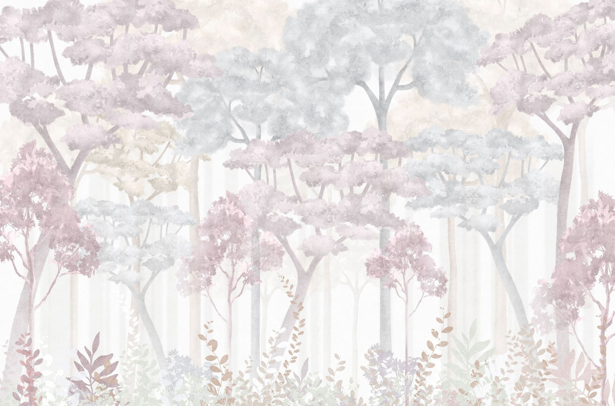 Soft Watercolor Forest Wall Mural with pastel trees in muted tones, creating a serene and dreamy natural atmosphere.
