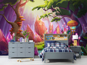 Enchanted forest wallpaper with vibrant colors, fairy-tale scenery, and a peaceful, whimsical ambiance. Ideal for kid's rooms, nurseries and creative spaces.