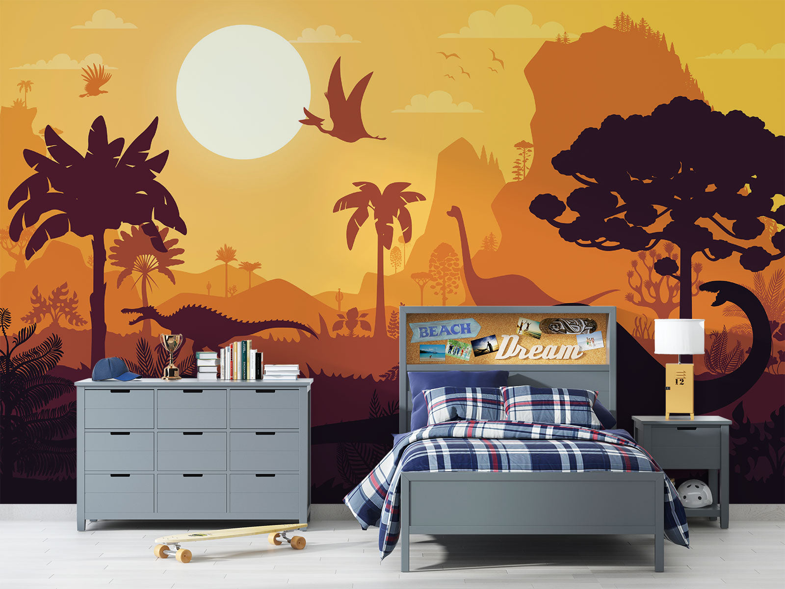 Kids’ dinosaur wall mural featuring silhouettes of Brachiosaurus, Pterosaurs, and prehistoric trees against an orange sunset, ideal for a playful bedroom or playroom.