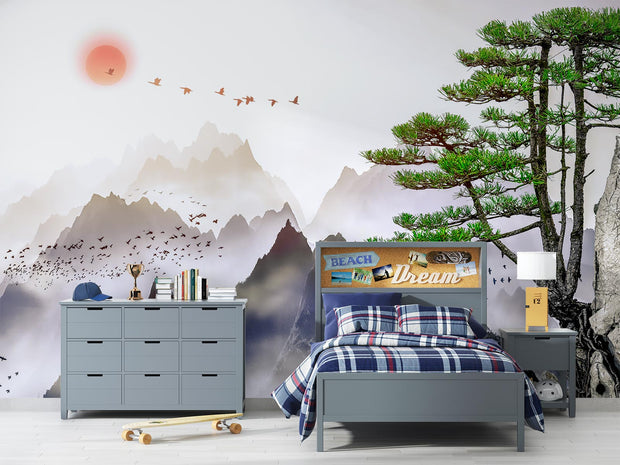 Minimalist Japanese mountain landscape wall mural with coral sunset and flying birds, styled in a modern children's room.
