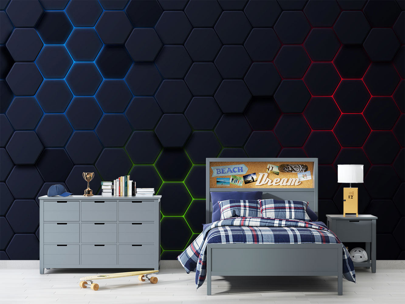 Futuristic Hexagonal Grid Wall Mural – 3D LED-Inspired Honeycomb Wallpaper with RGB Lighting Effects in Blue, Green, and Red for Gaming and Modern Interiors.