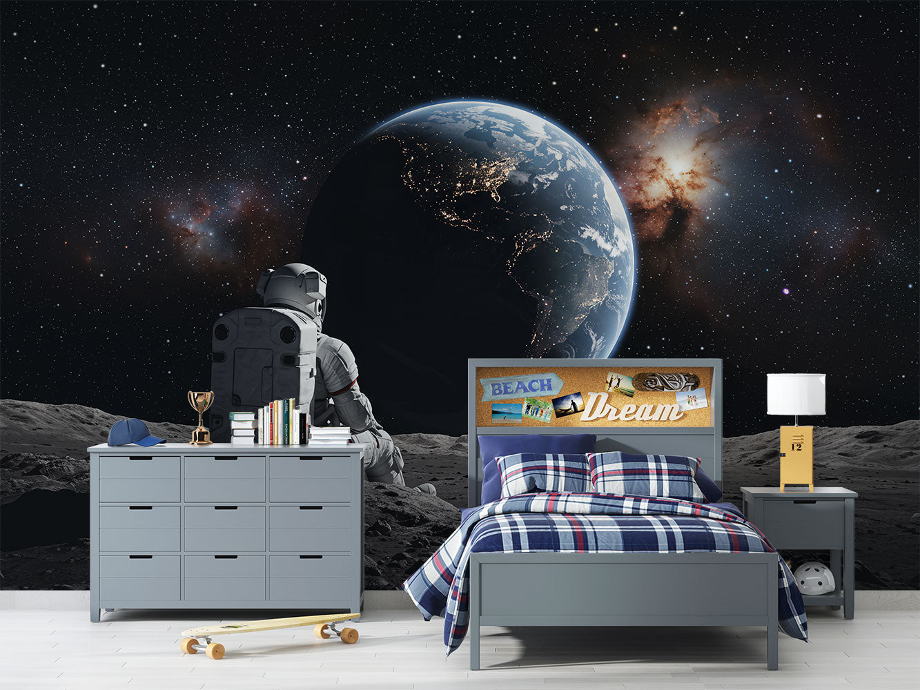 Wall mural of an astronaut sitting on the moon, gazing back at the Earth.