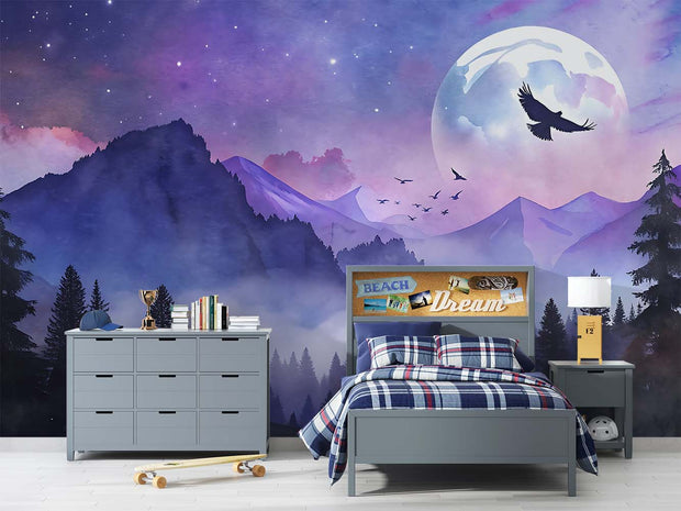Mystical Moonlit Mountain Wall Mural – Celestial Landscape Wallpaper with a Glowing Full Moon, Birds in Flight, and Twilight Mountain Peaks in Dreamy Purple and Blue Tones.