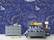 Navy blue dinosaur wall mural with outlined dinos, cacti, and doodles in a playful, modern style—perfect for kids' rooms.