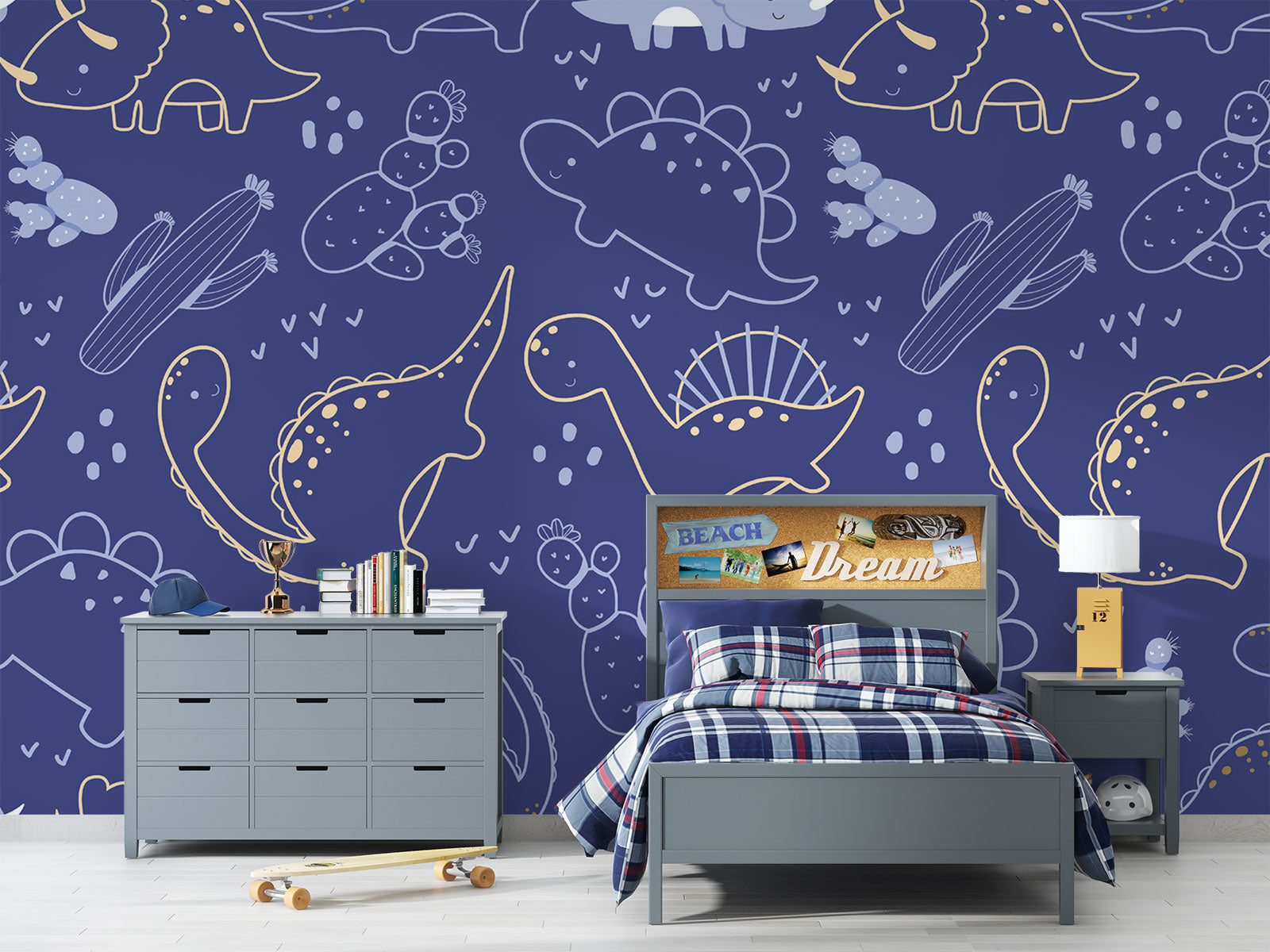 Navy blue dinosaur wall mural with outlined dinos, cacti, and doodles in a playful, modern style—perfect for kids' rooms.