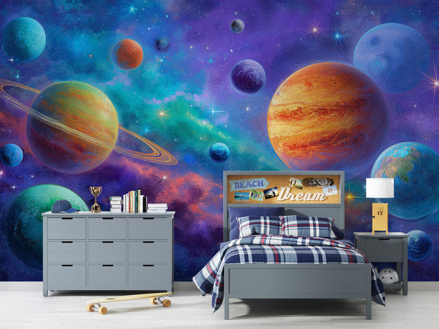 Children's bedroom with space-themed wall mural featuring planets and stars.