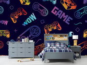 Children's bedroom with gaming-themed decor, including a bed, dresser, and nightstands.