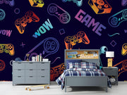 Children's bedroom with gaming-themed decor, including a bed, dresser, and nightstands.