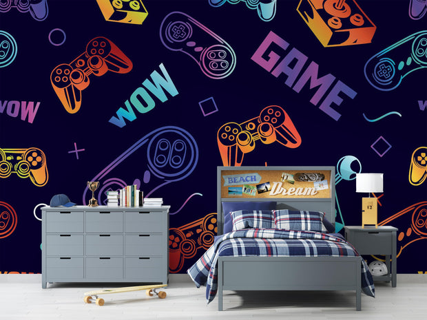 Children's bedroom with gaming-themed decor, including a bed, dresser, and nightstands.