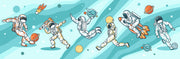 Playful astronaut-themed wall mural featuring astronauts, rockets, planets, and comets, ideal for kids’ bedroom or playroom decoration.