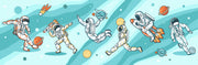 Playful astronaut-themed wall mural featuring astronauts, rockets, planets, and comets, ideal for kids’ bedroom or playroom decoration.