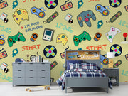 Children's bedroom with gaming-themed wallpaper and furniture.