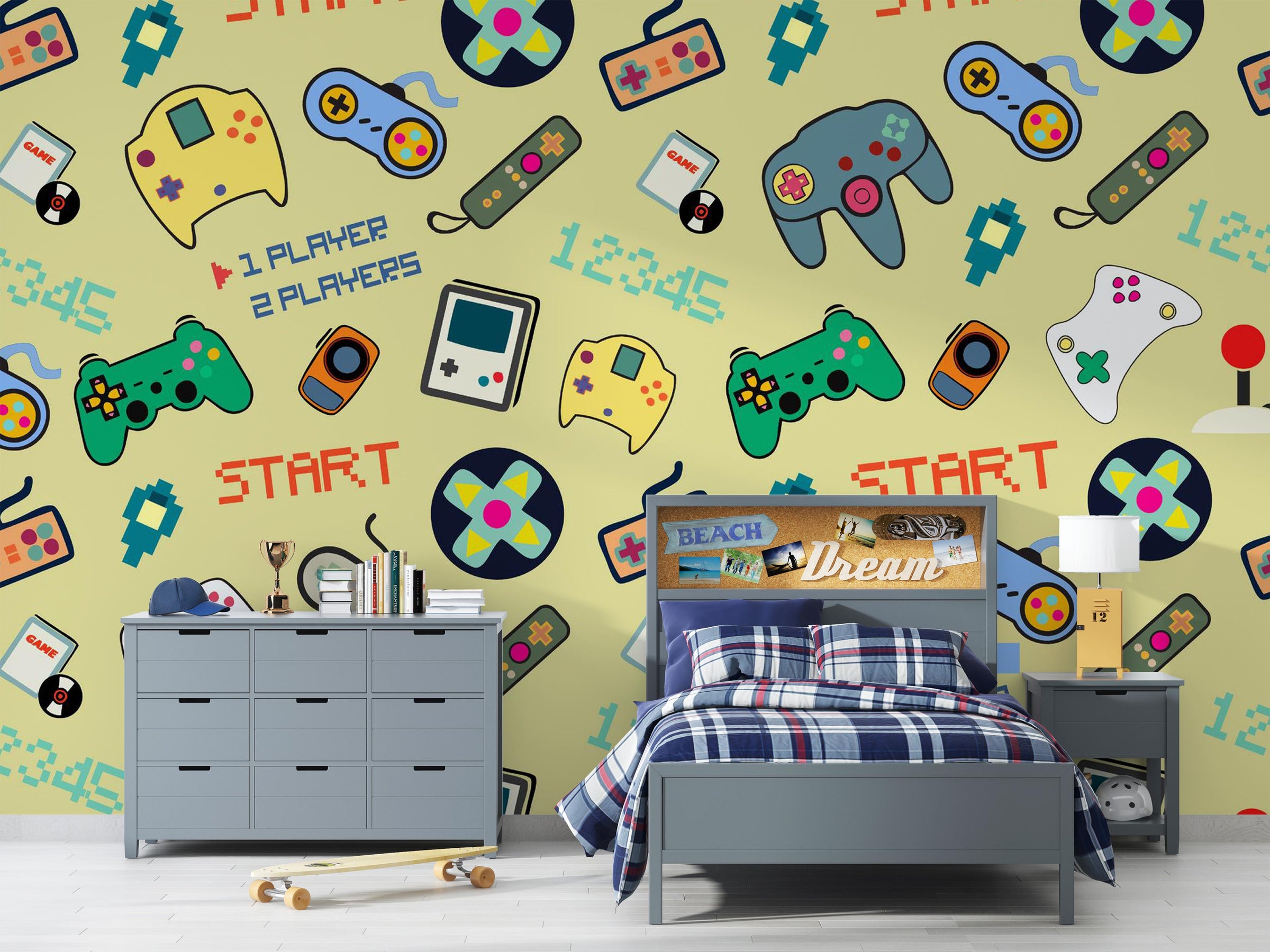 Children's bedroom with gaming-themed wallpaper and furniture.