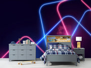 Futuristic Neon Light Wall Mural – Modern Cyberpunk-Inspired Wallpaper with Vibrant Blue and Pink LED-Style Light Trails for Gaming & Trendy Interiors.