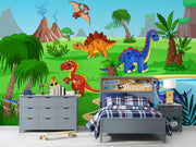 Bright and colorful dinosaur mural featuring friendly cartoon dinosaurs, volcanoes, and lush jungle scenery for a playful kids' room.