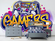 Graffiti-style gaming wall mural with a colorful controller, vibrant gamer room wallpaper for gaming setups and streamers.