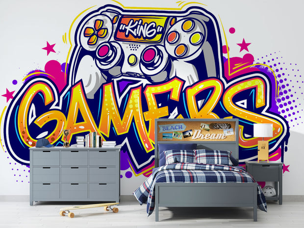 Graffiti-style gaming wall mural with a colorful controller, vibrant gamer room wallpaper for gaming setups and streamers.
