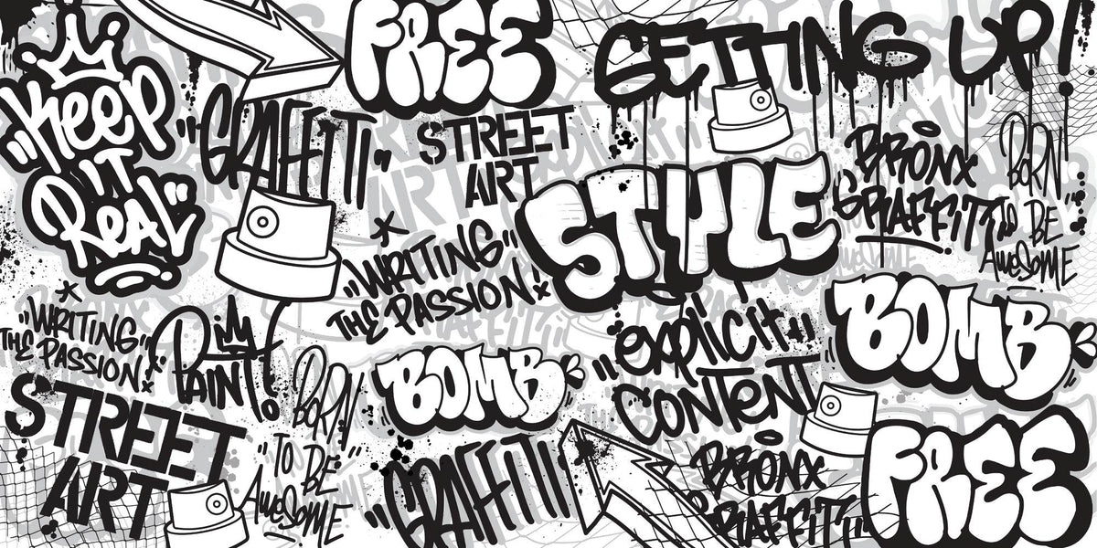 Graffiti wall mural with black-and-white street art typography and spray paint elements, ideal for urban-inspired bedrooms or creative spaces.