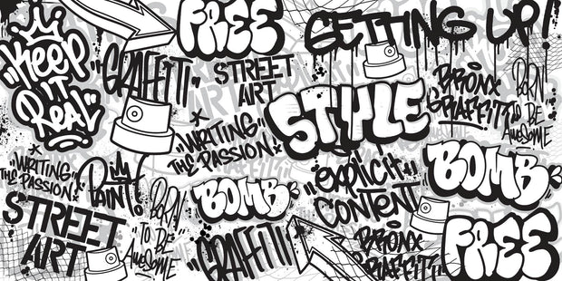 Graffiti wall mural with black-and-white street art typography and spray paint elements, ideal for urban-inspired bedrooms or creative spaces.