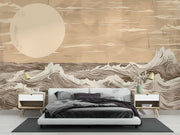 Minimalist ocean waves wall mural in beige and brown tones, featuring stylized waves and a large sun, perfect for modern and coastal-inspired bedroom decor.