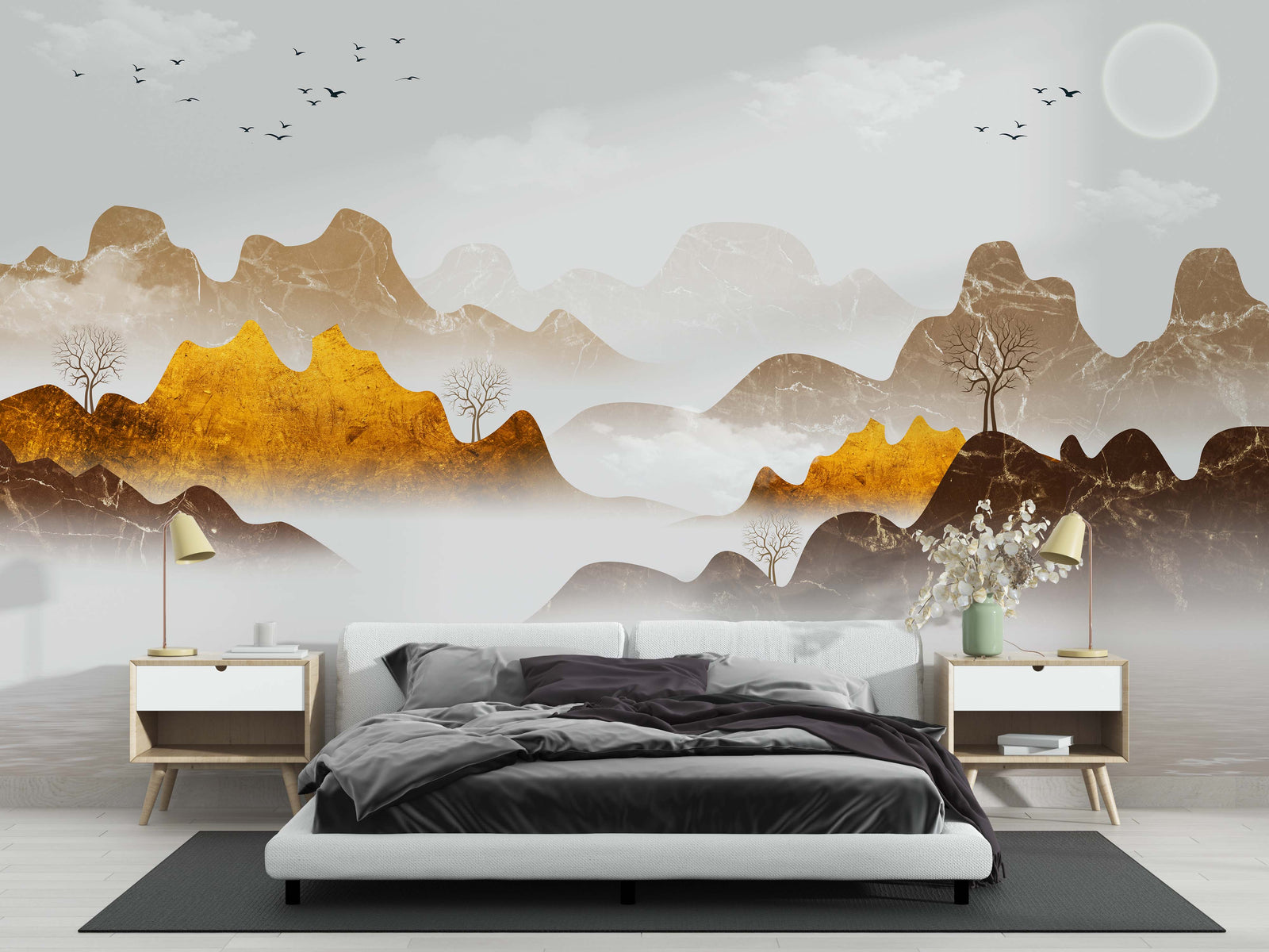 Golden Abstract Mountain Wall Mural – Luxury Wallpaper with Marble-Textured Peaks, Metallic Gold Accents, and a Misty Landscape for Elegant Interiors.