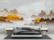 Golden Abstract Mountain Wall Mural – Luxury Wallpaper with Marble-Textured Peaks, Metallic Gold Accents, and a Misty Landscape for Elegant Interiors.
