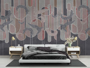 Dark botanical line art wall mural with charcoal grey, deep red, and taupe geometric elements, featuring intricate white botanical detailing.