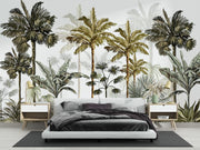 Vintage-style tropical palm tree wall mural with lush green and brown botanical illustrations on a neutral background.