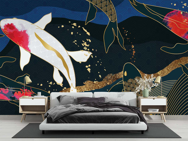 Luxury Japanese Koi Fish Wall Mural – Elegant Gold & Navy Wallpaper with Flowing Koi Fish and Zen-Inspired Design for Sophisticated Interiors