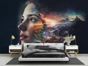 Cosmic Vision Wall Mural – Surreal Galaxy Wallpaper Featuring a Female Face Blending with a Nebula, Stardust, and Cosmic Light for Dreamy & Futuristic Interiors.