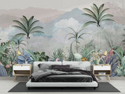 Exotic tropical wall mural with lush foliage, palm trees, and vibrant flowers in a jungle-inspired design.